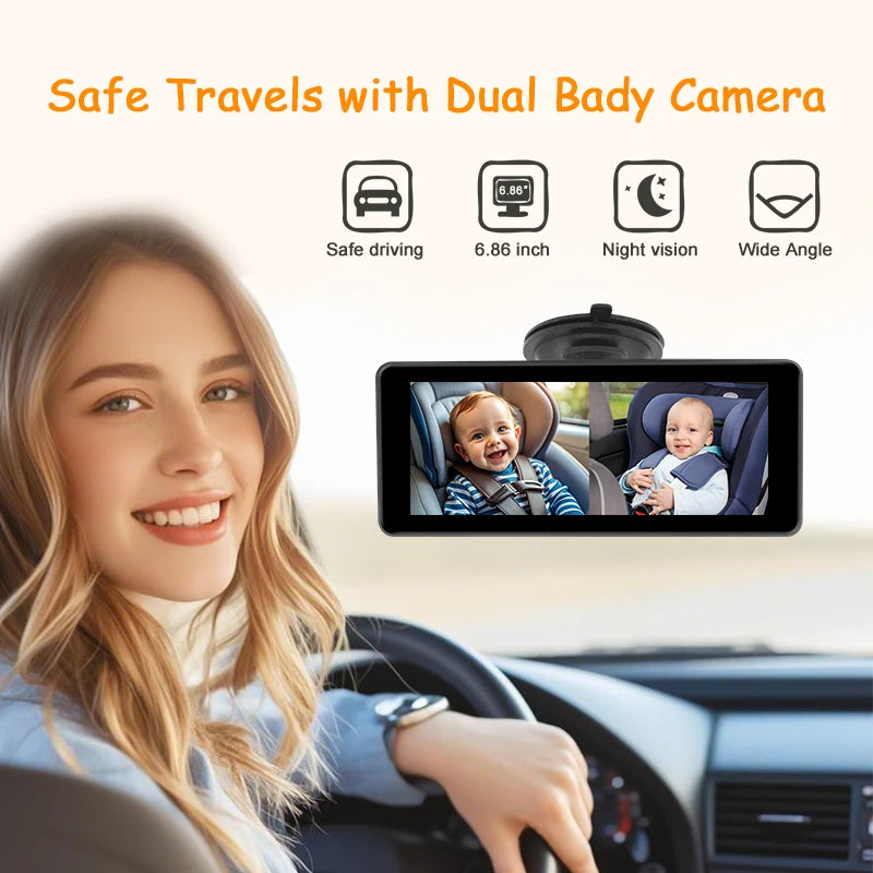 2 Camera Rear View Monitor 6.86'' IPS Screen Baby Car Mirror Wide View Angle for Infants Kids Pets Night Vision Function