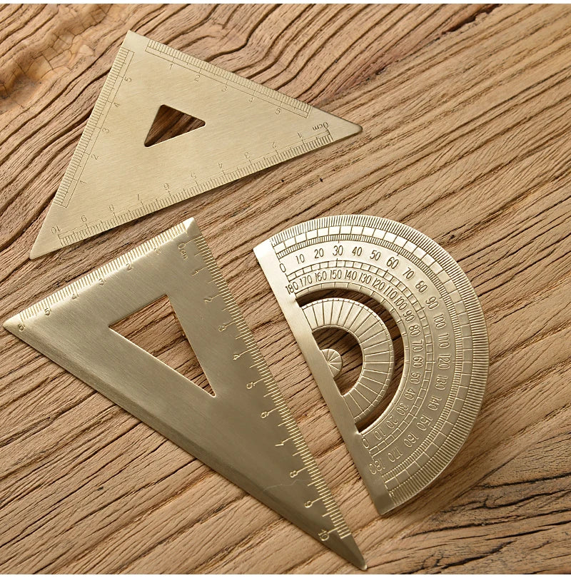 Retro Brass Straight Rulers Centimeter Inches Metal Triangle Ruler Protractor Stationery Measuring Tool School Office Supplies