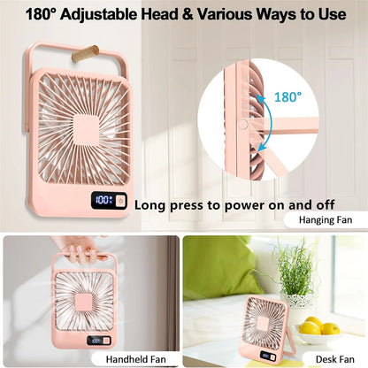 Desk Fan, Portable USB Rechargeable Fan, 180° Tilt Folding Personal Fan With Power Display, 5 Speeds Ultra Quiet Table Fan