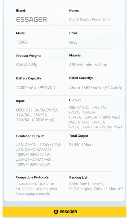 27000mAh Power Bank 100W PD QC3.0 Fast Charging External Spare Battery For iPhone 15 14 13 12 Xiaomi Macbook Air Laptop