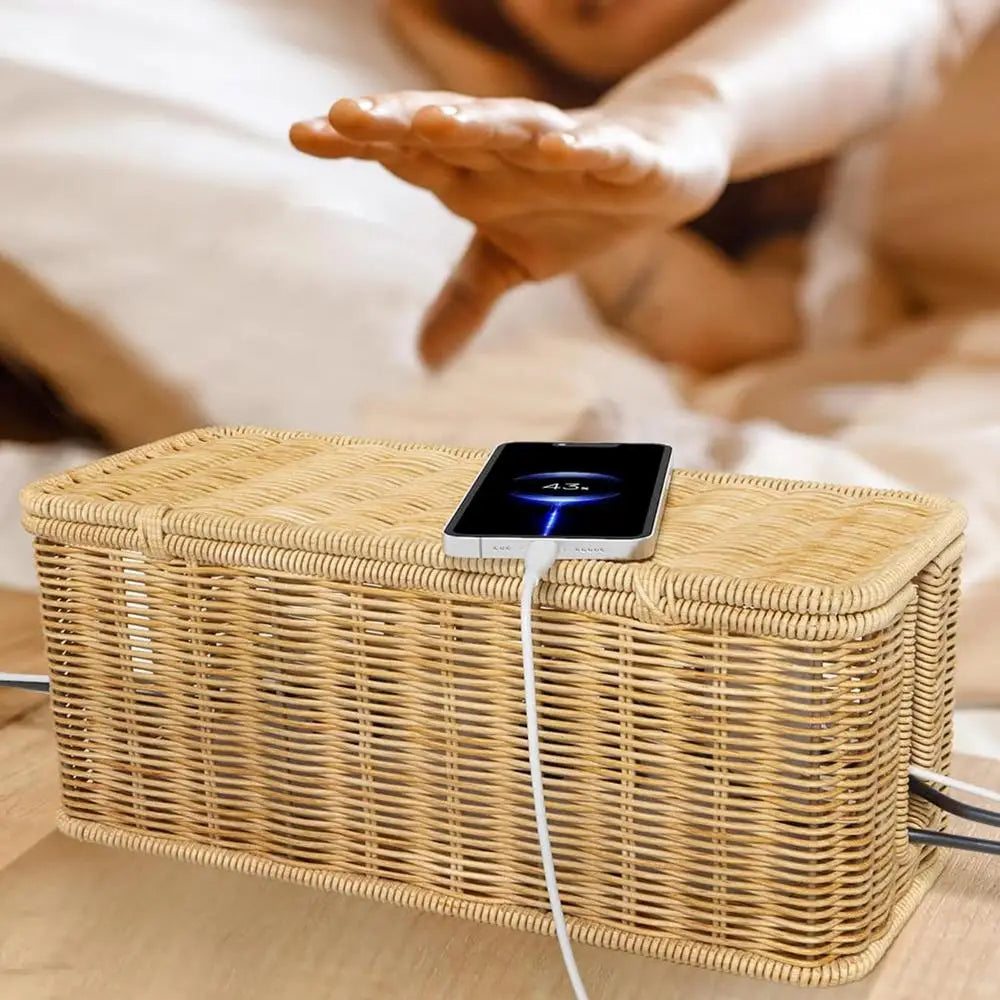 2 Open Slots Cords Power Board Hider Box Rattan Cable Management Box Cable Hider Organizer Breathable Cable Box Organizer