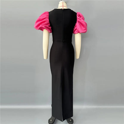 Women Elegant Puff Sleeve Bandage Dress Sexy Beading Bodycon Clothes Celebrity Party Evening Maxi Dresses