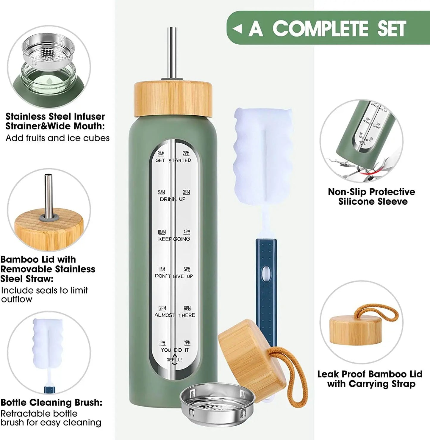 1000ML Glass Water Bottles With Straw, Glass Bottle With Silicone Sleeve And Time Marker, For Gym Home Office