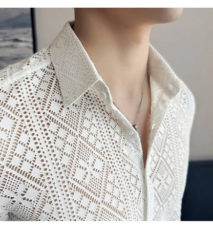 Quality Hollow Shirts For Men Korean Luxury Clothing Fashion Sexy Lace Men's Social Shirt Dress Slim Fit Long Sleeve Prom Tuxedo