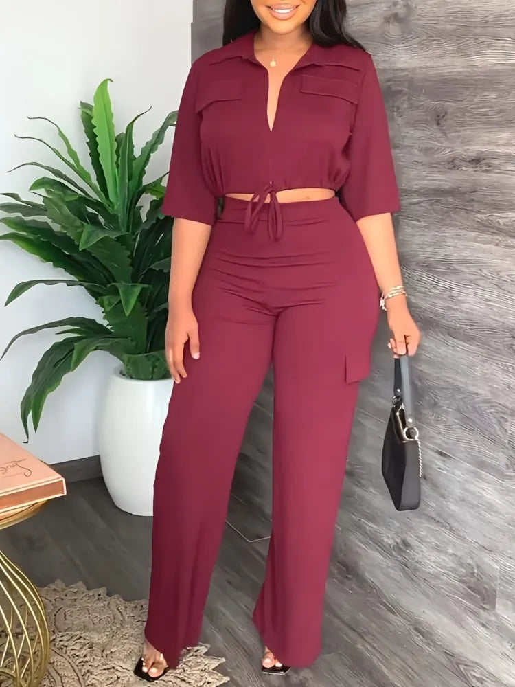 Elegant Office Women Two Piece Sets Autumn V Turn-down Neck Half Sleeve Drawstring Lace Up Short Shirt + Wide Leg Trousers Set