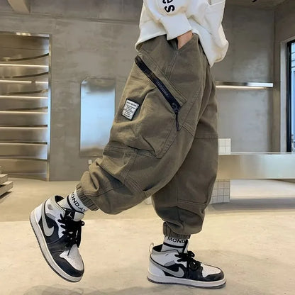 Boys Spring Autumn Children's Clothing Cargo Pants Children's Casual Large Size Sweatpants Boys Fashion Fake Zippers Cargo Pants
