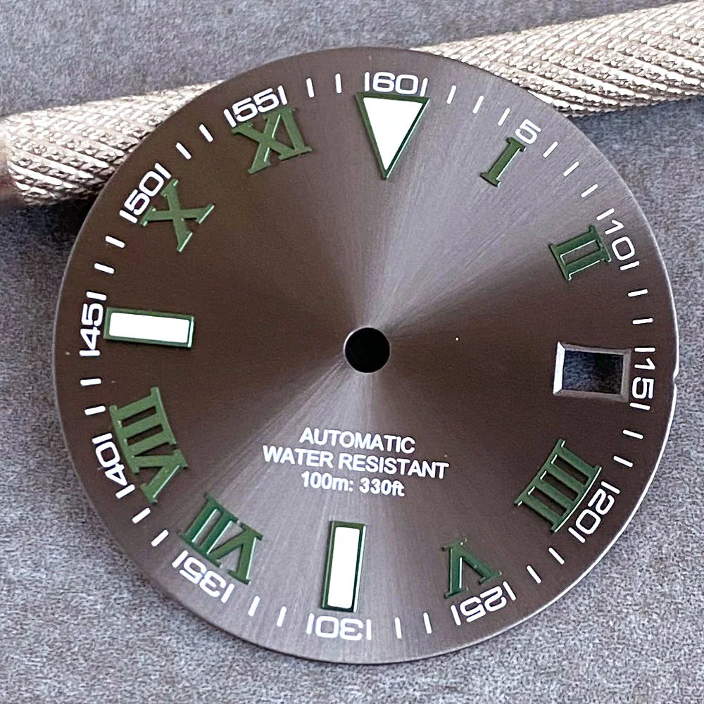 29mm Gray Sunburst Watch Dial fit NH35 NH35A NH36A Steel Green Roman Numerals Index Hand Set Watch Parts Accessories
