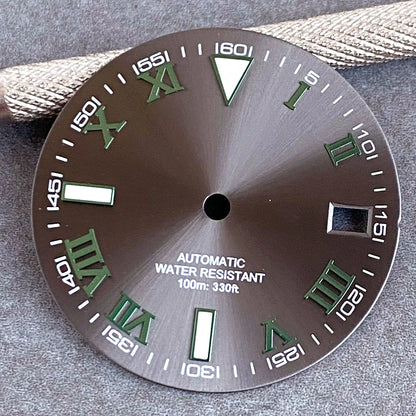 29mm Gray Sunburst Watch Dial fit NH35 NH35A NH36A Steel Green Roman Numerals Index Hand Set Watch Parts Accessories