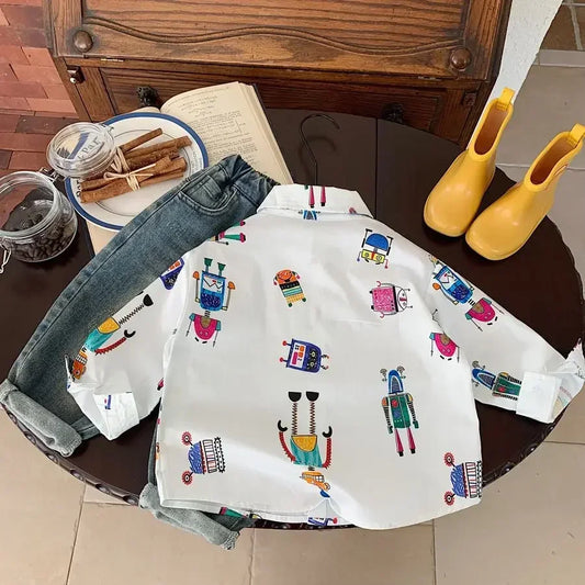 Baby Boys Blouses Toddler Lapel Blouse Kids Long-Sleeved Cotton Tops Full Printed Shirts 2025 Spring Autumn Children's Clothing