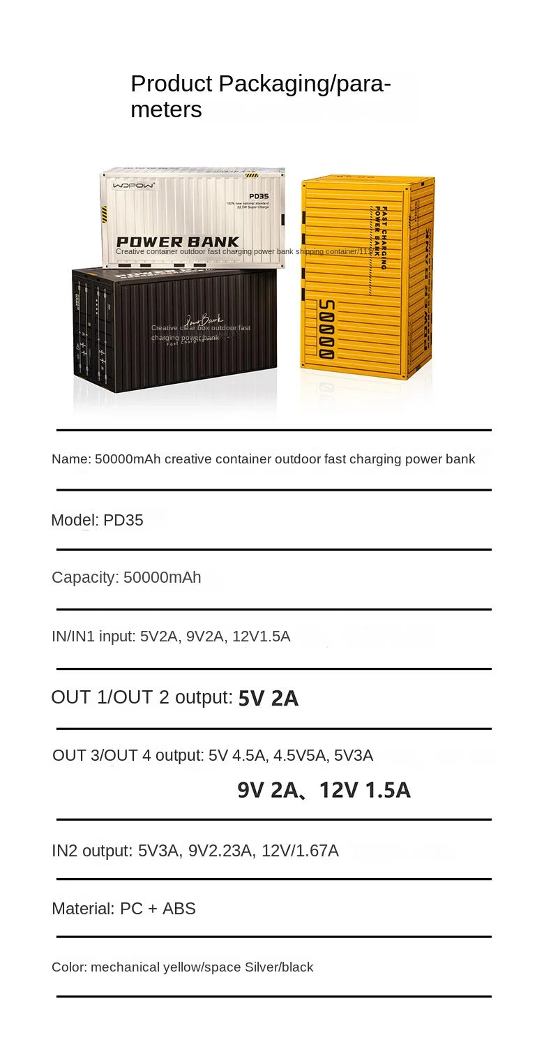 Large Capacity 50000mAh Power Bank 22.5W PD Fast Charging Auxiliary Battery for Outdoor Camping High-Speed External Spare