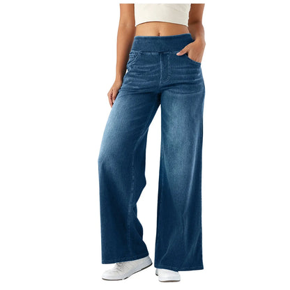 Fashion Baggy Jeans For Women Bleached Vintage High Waist Wide Leg Denim Pants With Pockets Boyfriend Stretchy Palazzo Pants