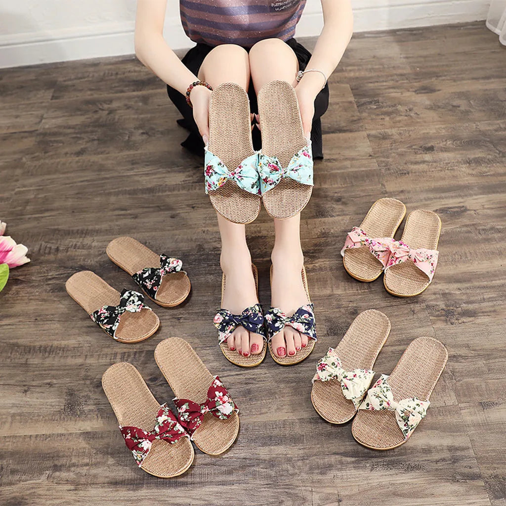 Sandalias Mujer 2024 Hot Women Female  Bowknot Flax Linen Flip Flops Beach Shoes Sandals Slipper SandáLias Femininas 여름샌들