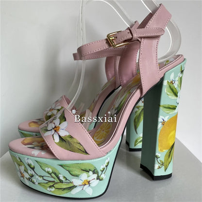 2025 Print Flower High Platform Sandals Women Chunky Heel Genuine Leather Ankle Strap Party Shoes Summer
