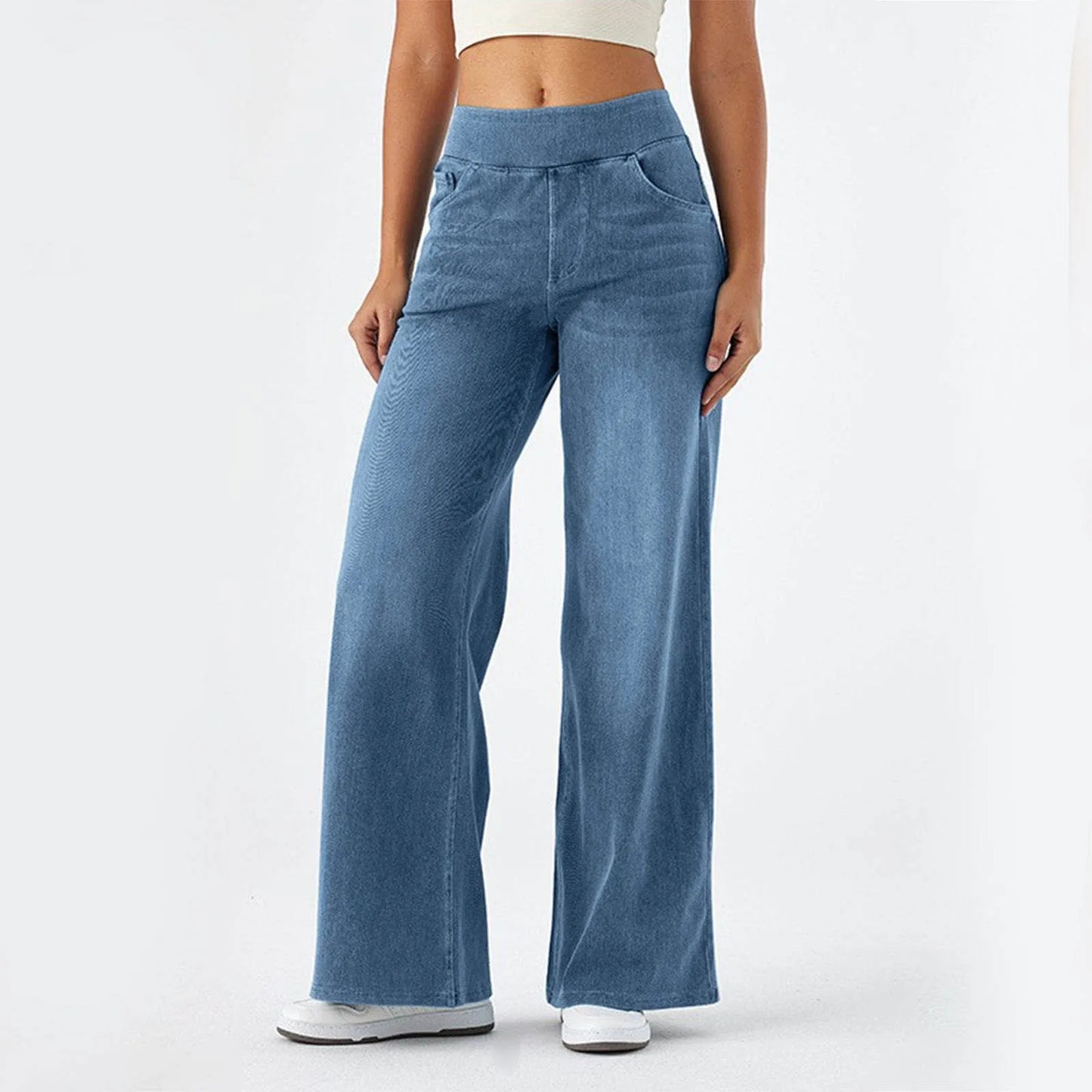 Fashion Baggy Jeans For Women Bleached Vintage High Waist Wide Leg Denim Pants With Pockets Boyfriend Stretchy Palazzo Pants