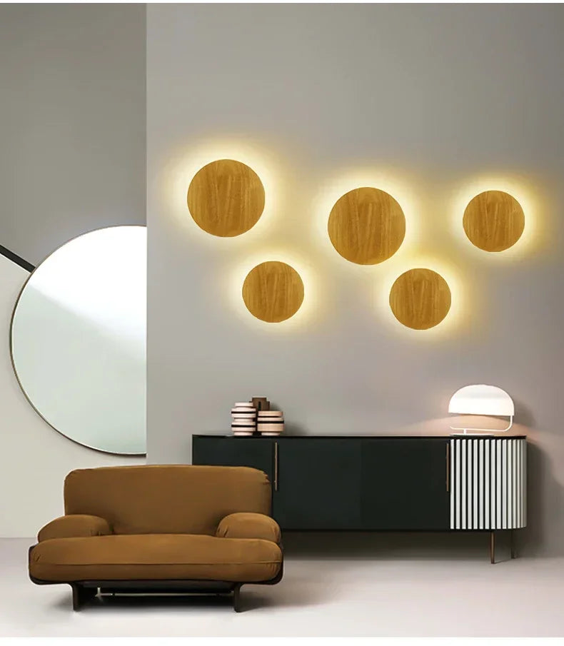 LED Wall Lights Modern Circular Creative Minimalist Wooden Lighting Fixtures Living Room Bedroom Corridor Decoration Lighting