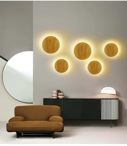 LED Wall Lights Modern Circular Creative Minimalist Wooden Lighting Fixtures Living Room Bedroom Corridor Decoration Lighting