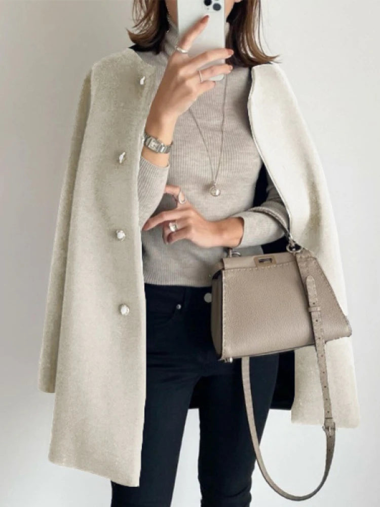 Japan Style Office Lady Elegant Solid Wool Coats Loose Casual Covered Button Jacket Autumn Winter All-match Blends Outwear