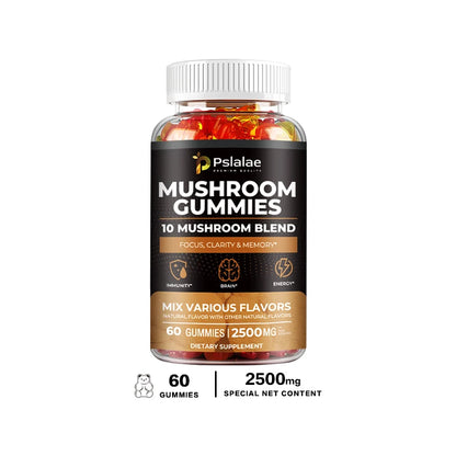 Mushroom Gummies - 10 Mushroom Blend, Nootropic Brain Booster for Focus, Memory, Clarity and Energy