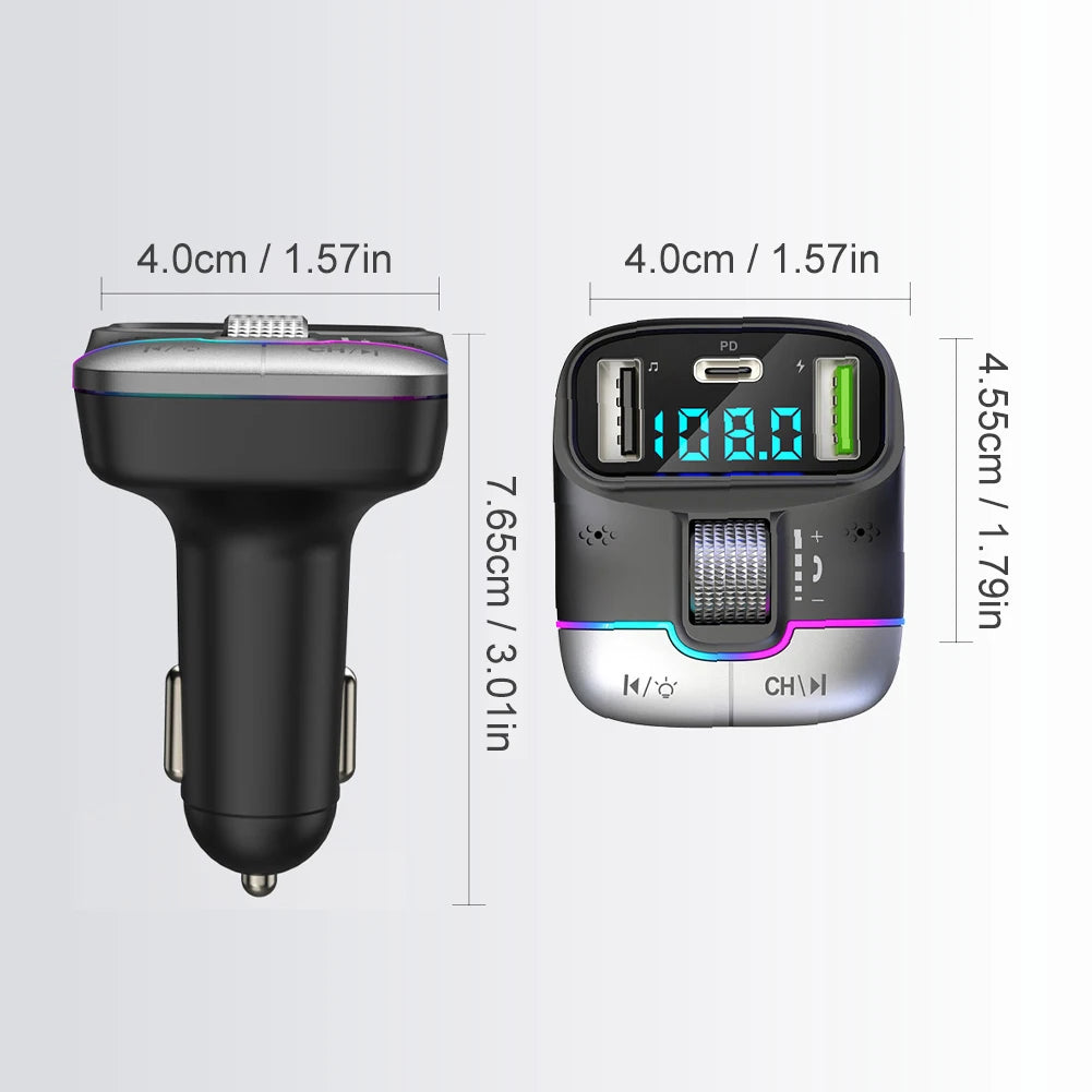 Bluetooth 5.3 Car FM Transmitter Wireless Bluetooth Car Adapter MP3 Player Handsfree Call Dual USB PD Fast Charger Roller Wheel