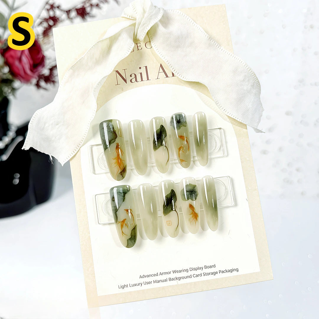 10Pcs Green Chinese Press-on Nails Featuring Lotus Leaf & Koi Crescent Moon and Bamboo Designs Traditional Nail for Women&Girls