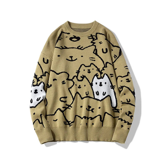 Autumn Cotton Anime Sweaters Men Retro Harajuku Vintage Oversized Sweaters Loose Cute Cartoon Cat Pullovers Homme Men Clothing