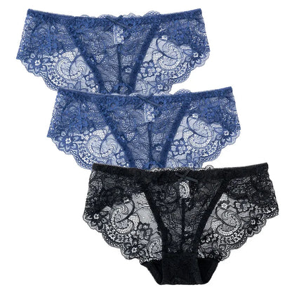 3PCS Hollow Out See Through Underpants Comfortable Briefs Sexy Ladies Lace Transparent Panties Low-Rise Lingerie