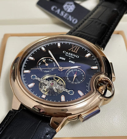 CASENO Fashion Trend Men's Blue Light Glass Night Light Scale Multi functional Fully Automatic Tourbillon Mechanical Watch 831BG