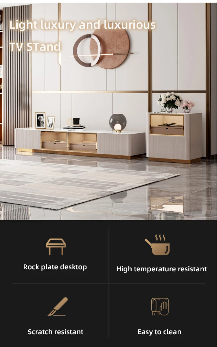 Living Room Furniture Modern Luxury Cabinet TV Stand Stainless Steel +mdf+rock Plate+solid Wood Carton + Wooden Frame Storage