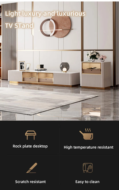 Living Room Furniture Modern Luxury Cabinet TV Stand Stainless Steel +mdf+rock Plate+solid Wood Carton + Wooden Frame Storage