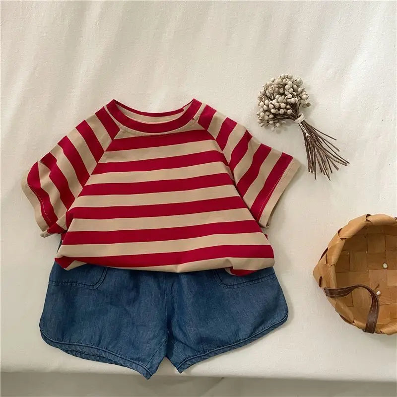 Fashion striped T-shirts for kids baby cotton short sleeve Tees boys and girls casual Tops clothes