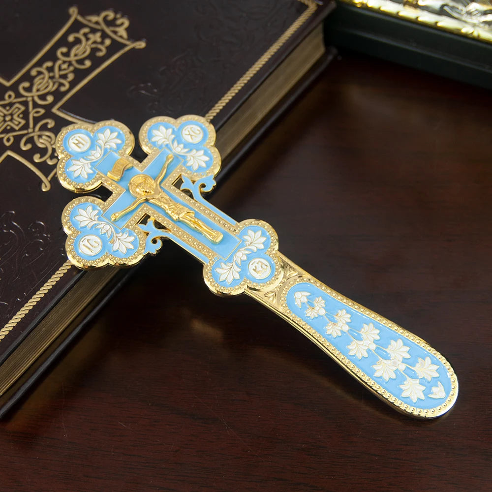 Orthodox Church Handle Blessing Church Cross Gold Plated Colorful Enamel Jesus Crucifix icon Cross With INRI For Prayer