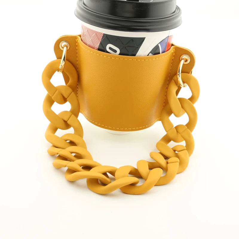 Reusable Leather Cup Coffee Sleeve with Chain Hot Coffee Iced Coffee Sleeve Leather Drink Carrier For Coffee Drinks Coffee Purse