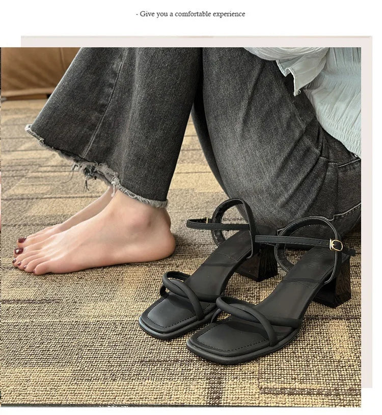 Sandals, 2024 Summer New Fashion Gentle Retro Chunky Non-slip Sandals, A Line with 5cm High Heels Summer Beach Sandals