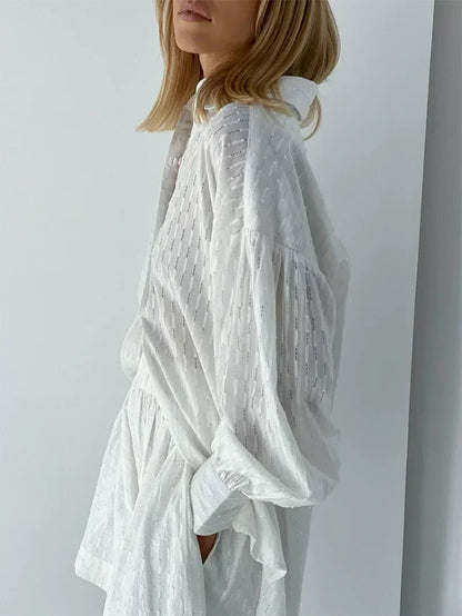 Casual Loose Women Short Two Piece Set Suit Fashion Blouse Long Sleeve Shirt Lady Simple Style Shorts Streetwear Blouse Tops