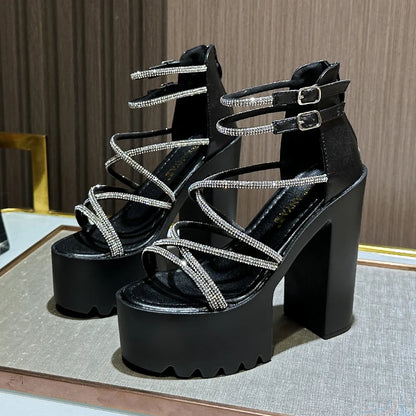 Car Model Catwalk Banquet Performance Women's Shoes 16 Cm Waterproof Pole Dance Crystal 15CM High Heel Chunky Sandals