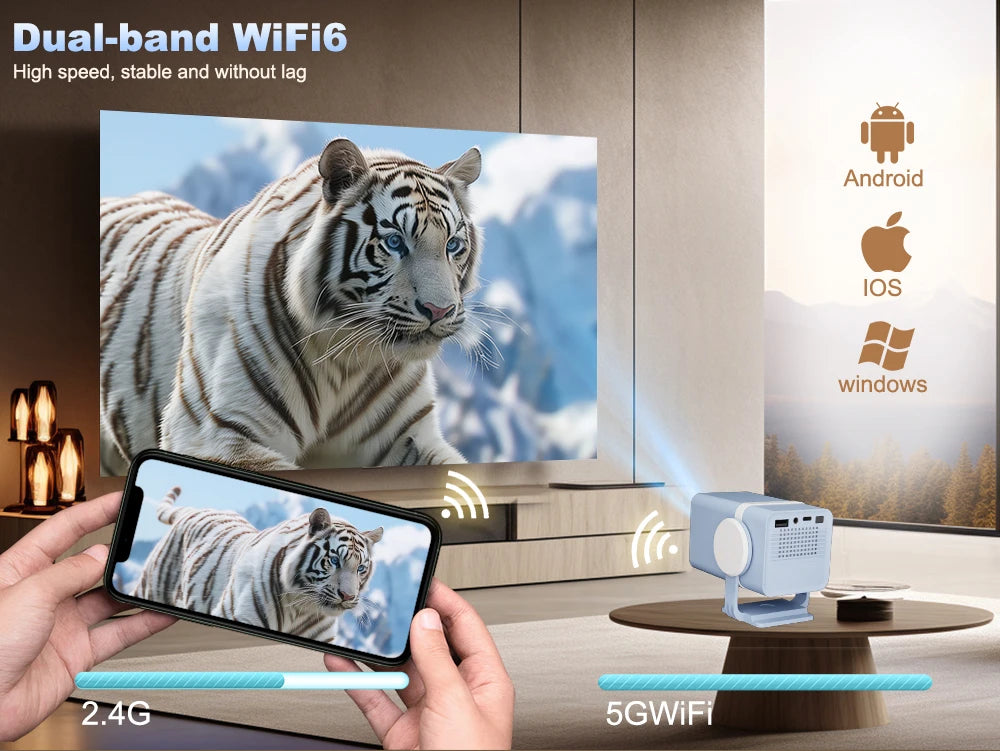 DESS Portable Dual-Band WiFi6 Bluetooth 5.0 Android 13 Smart Projector Suitable for Home Theater Video Power Bank Power Supply