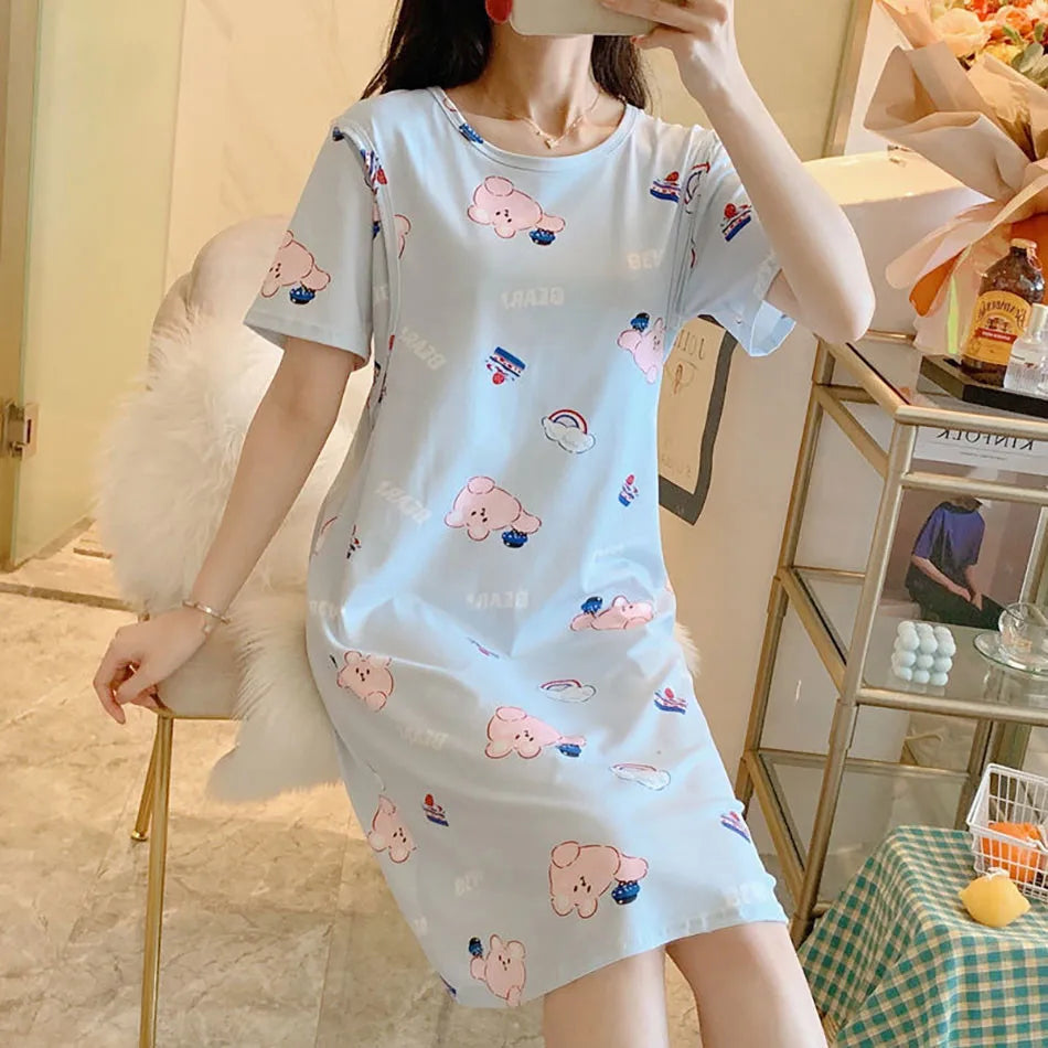 Maternity Clothings Nursing Dresses Breastfeeding Sleepwear Pattern Printing Cheerful and Lively Girl Feeling for Pregnant Women
