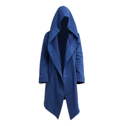 Oversize Men Coat Long Turn-down Collar Big Hat Cardigan Trench Coat Hooded Oblique Hem Big Pockets Men Windbreaker Outwear