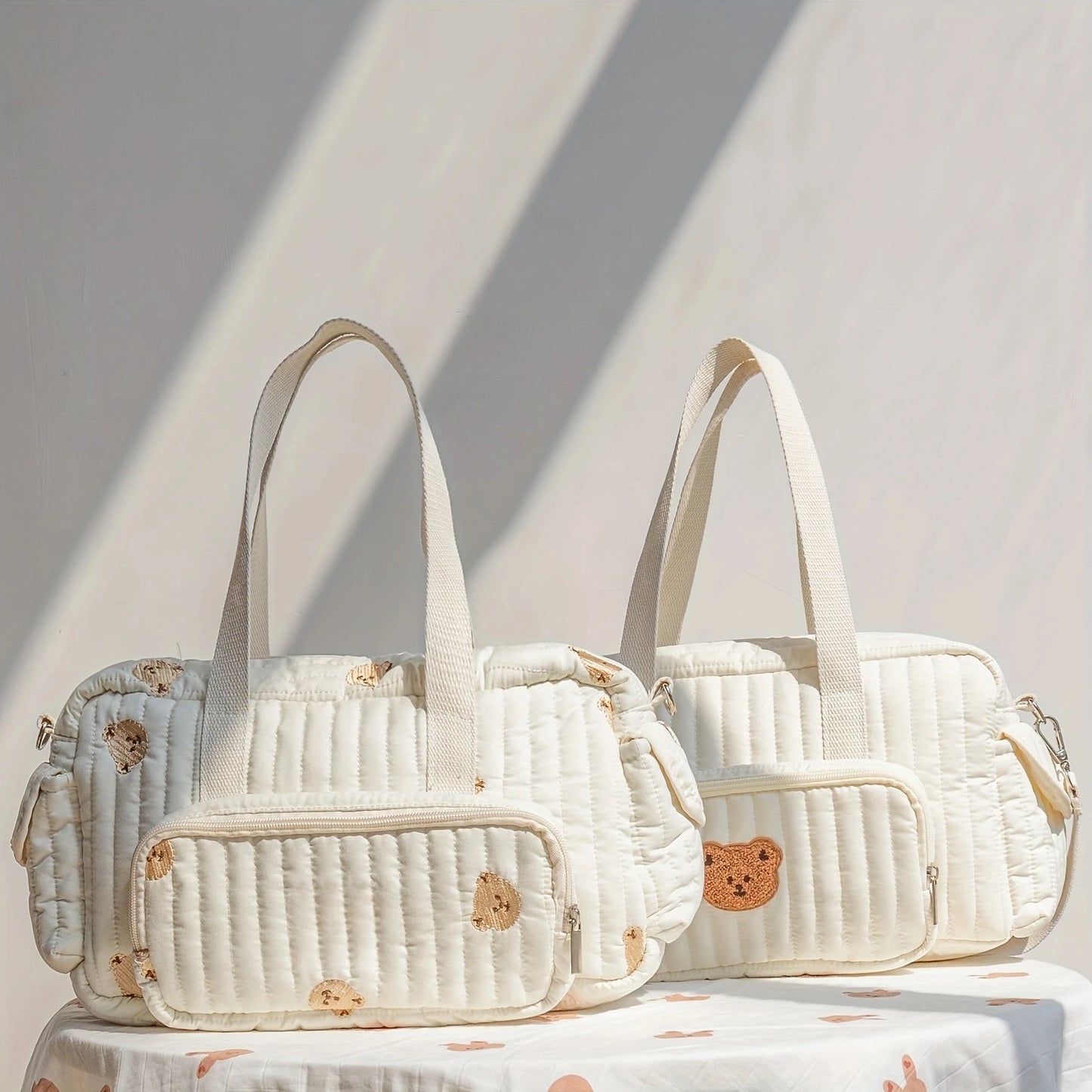 Mom'S Portable Diaper Bag with Bear Patch Durable Polyester Hand Washable Ideal for Travel and Daily Use Travel Diaper Bag