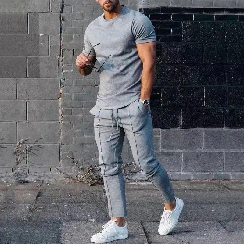Sports Set Mens Fall 2023 Summer Solid Casual Round Neck Short Sleeve Sports T-shirt Two Piece Set for Men