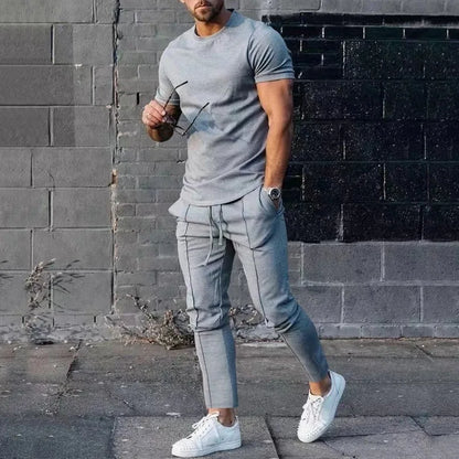 Sports Set Mens Fall 2023 Summer Solid Casual Round Neck Short Sleeve Sports T-shirt Two Piece Set for Men