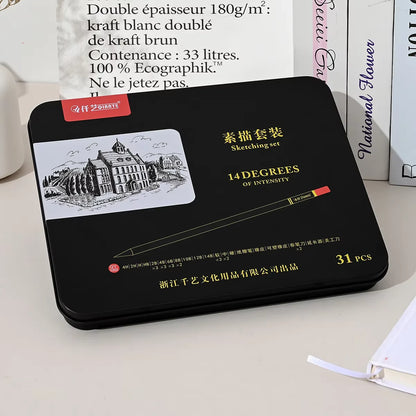 31 Pcs Painting Set Sketch Set,Metal Box Packaging,Professional Art Supplies, Including Graphite Pencils,Charcoal Pencils,Blend