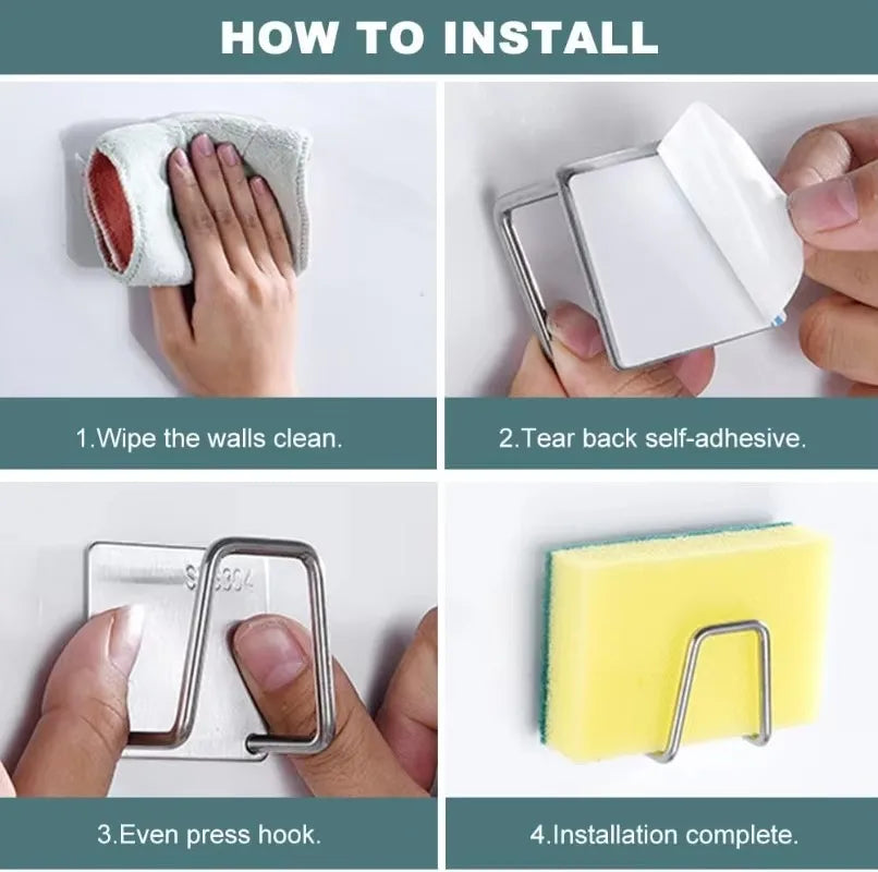 Kitchen Stainless Steel Sink Sponges Holders Self Adhesive Drain Drying Racks Wire Rag Organizer Hooks Multipurpose Wall Hooks