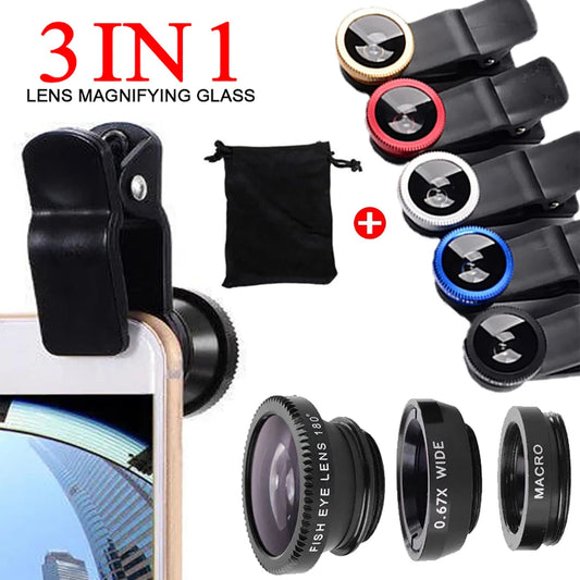 3 in 1 Fisheye Phone Lens Wide Angle Zoom Lens Fish Eye Macro Lenses Camera Kits With Clip Lens On The Phone For All Smart Phone