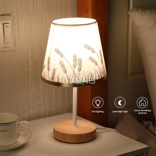 Solid Wood Cloth Nordic Decorative Table Bedroom Bedside Lamp Simple Creative Remote Control Small Night Light Energy Saving Led