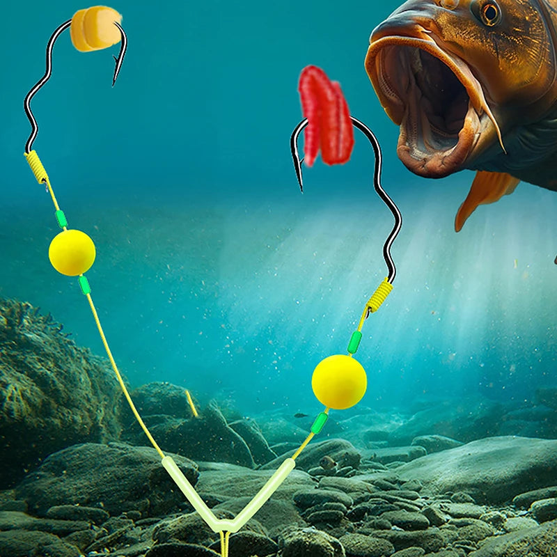 〔Far〕Double Hook Fishing Hair Rigs Hook Reverse Bottom Line Suspension Carp Fishing Hook Ready Made Anti Bottom Carp Rigs