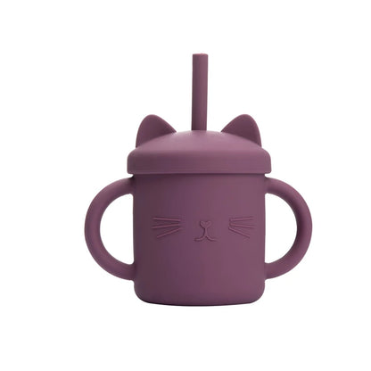 Baby Food Grade Feeding Cup Kid Double Handle Design Cute Cat Styling Straw Bottle Anti-Hot Leakproof Baby Silicone Feeding Cups