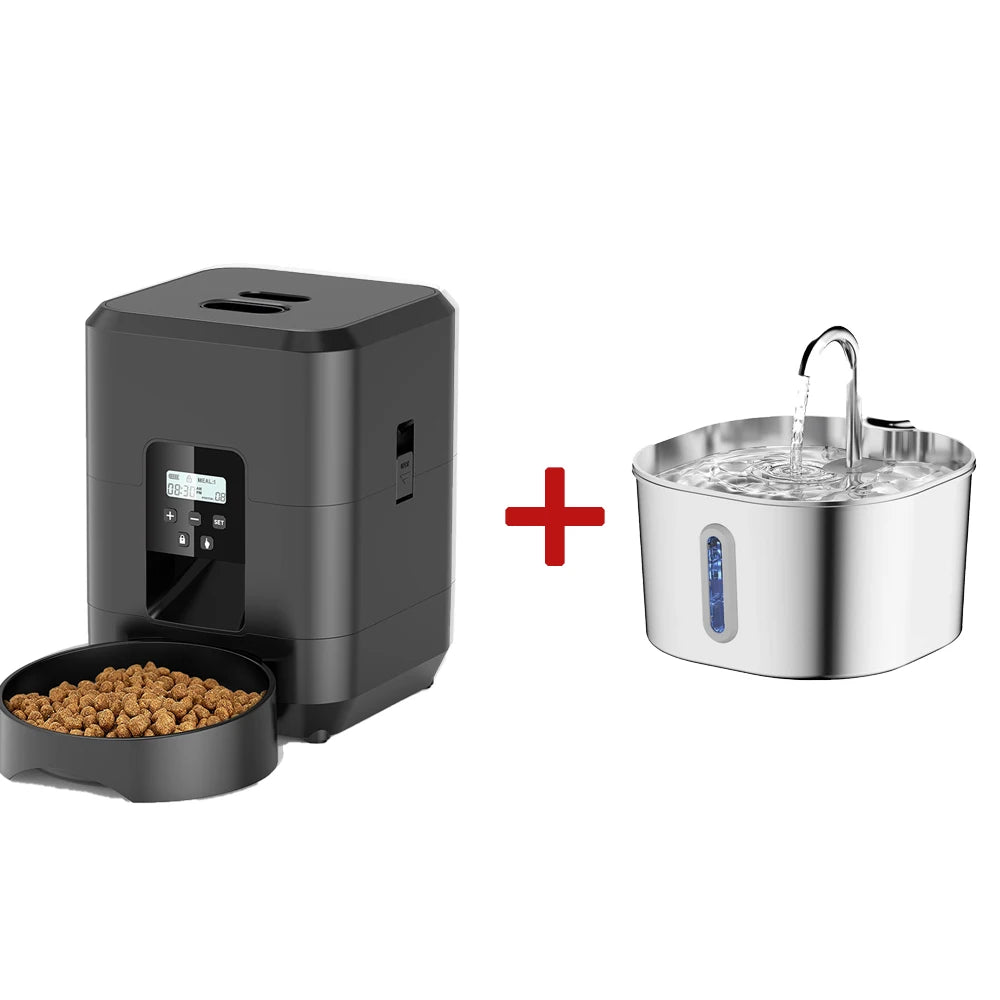 Smart Pet Feeder, Pet Dispenser and Fountain Set, Cat Automatic Feeder with Stainless Steel Fountain, Dog Feeder and Fountain Ki