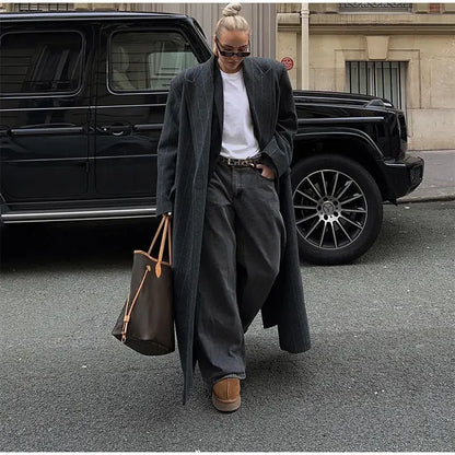 Retro Striped Lapel Woolen Long Coat Women Casual Loose Dark Grey Oversize Coats Female Winter Elegant Chic Outwear