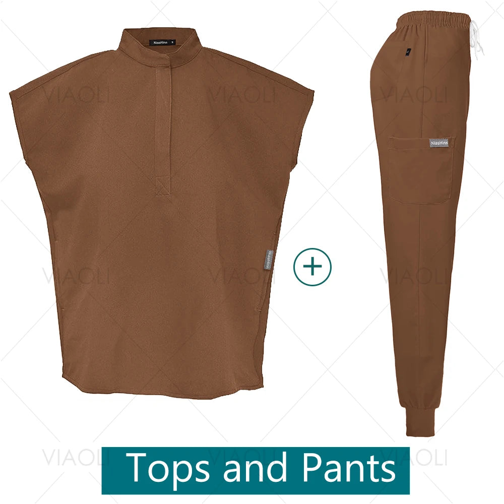 Scrubs Uniforms Sets Medical Nursing Hospital Working Clothes Solid Color Surgical Gowns Breathable Scrub Top Joggers Pants Suit